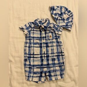 GAP Blue and White Plaid Baby Romper with Matching Hat